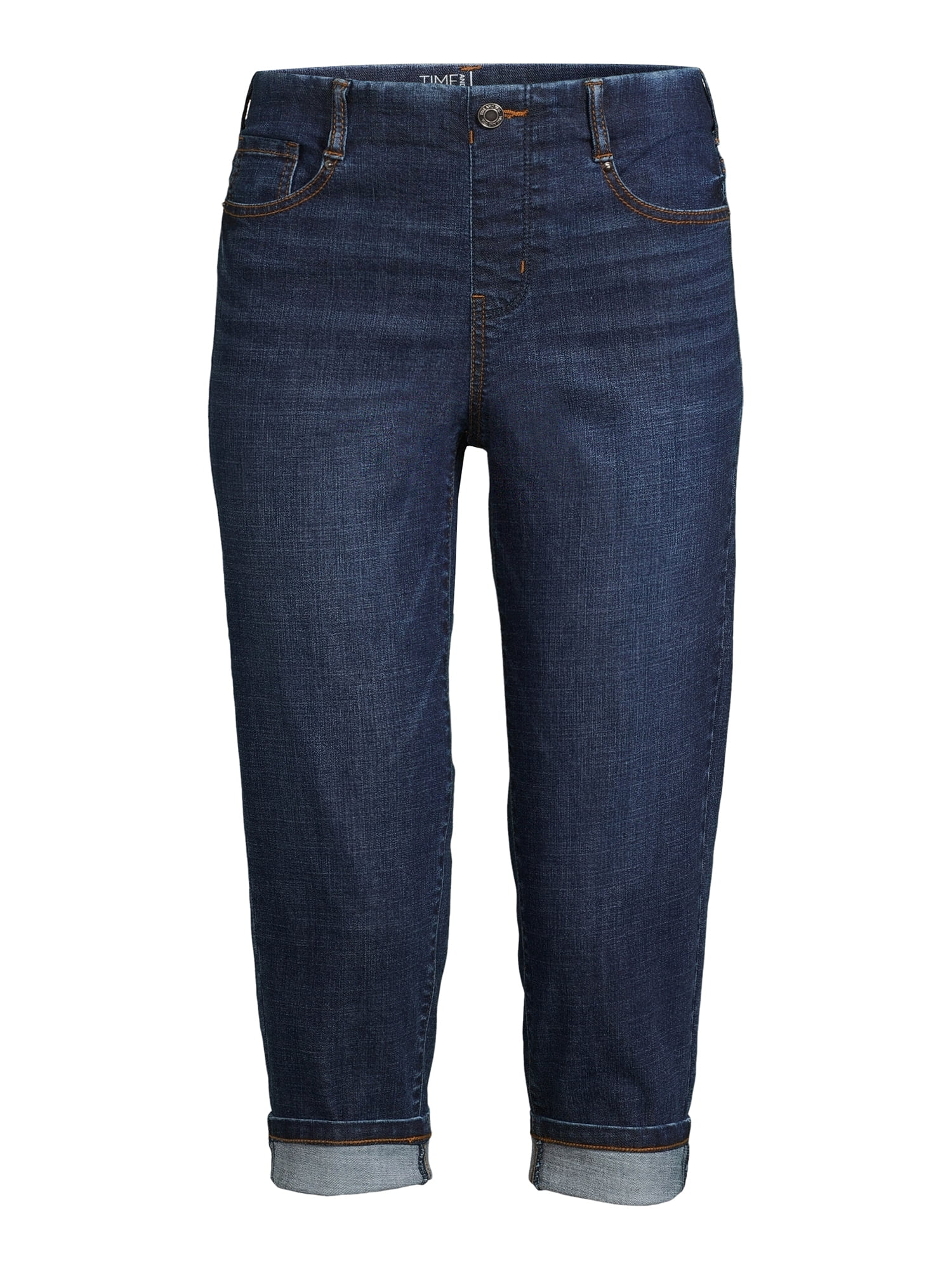 Time and Tru Women s Mid Rise Relaxed Fit 21 Inseam Pull On Denim Capris Walmart