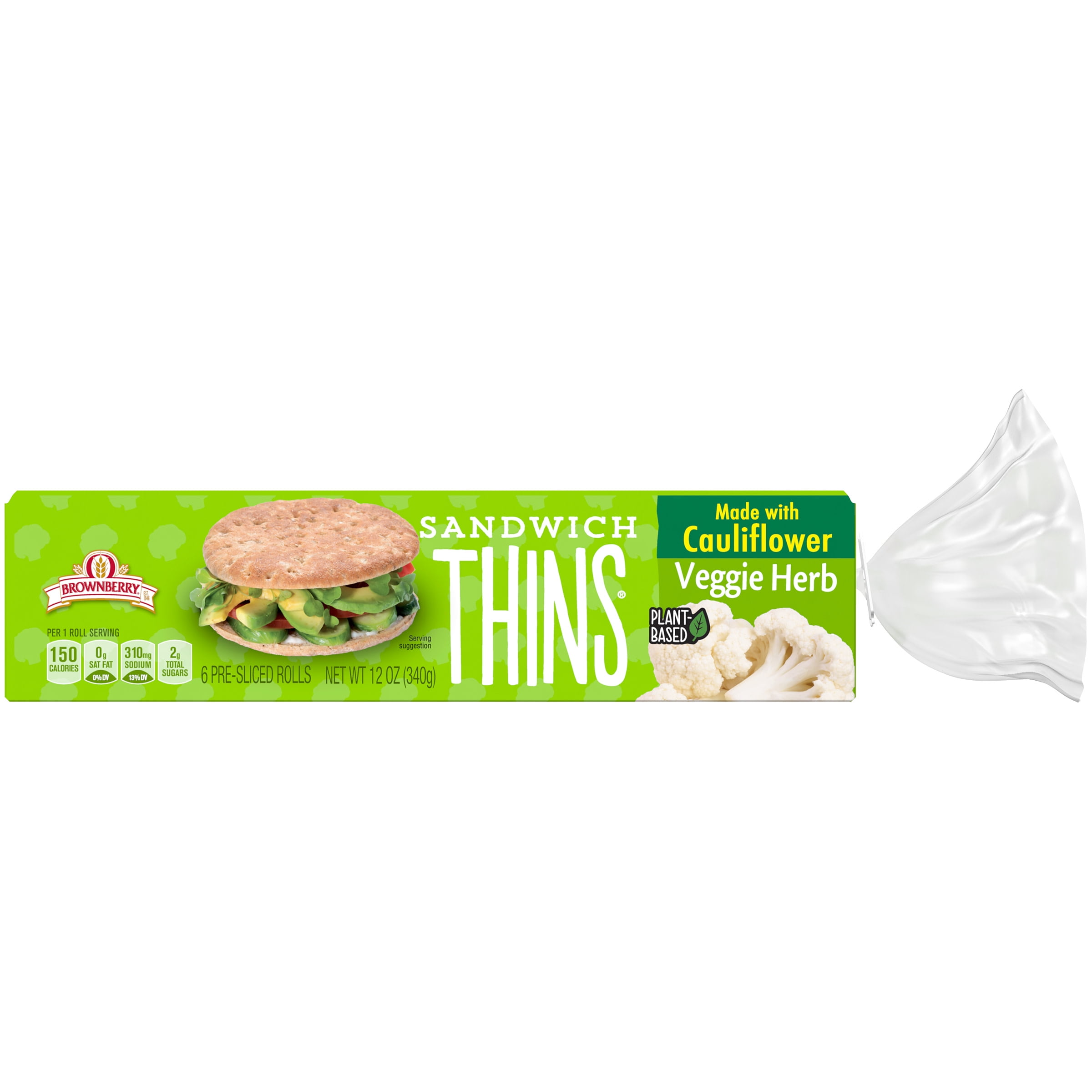 Brownberry Vegetable Herb Cauliflower Sandwich Thin Rolls, 6 Count, 12 oz Box