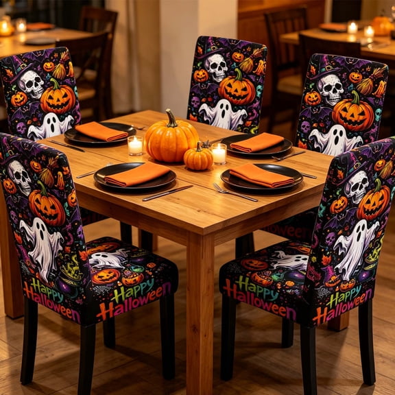Halloween Dining Chair Slipcover Removable Stretch Chair Protector with Pumpkin Ghost Skull Print for Dining Room Kitchen Holiday Decor