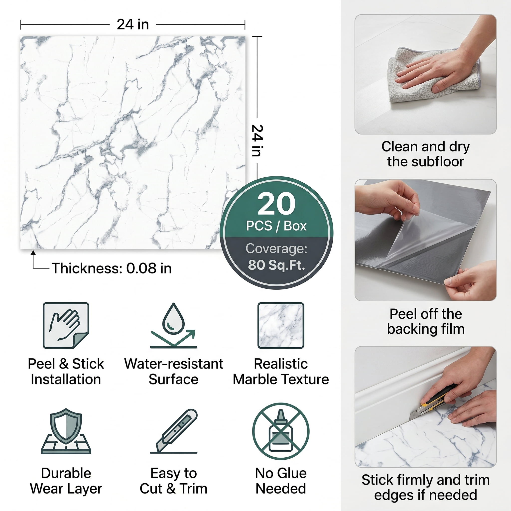 Peel and Stick PVC Vinyl Flooring 20-Pack 24x24 Inch, Self-Adhesive Floor Tiles and Waterproof Flooring for Home Kitchen Bathroom, White Marble Pattern