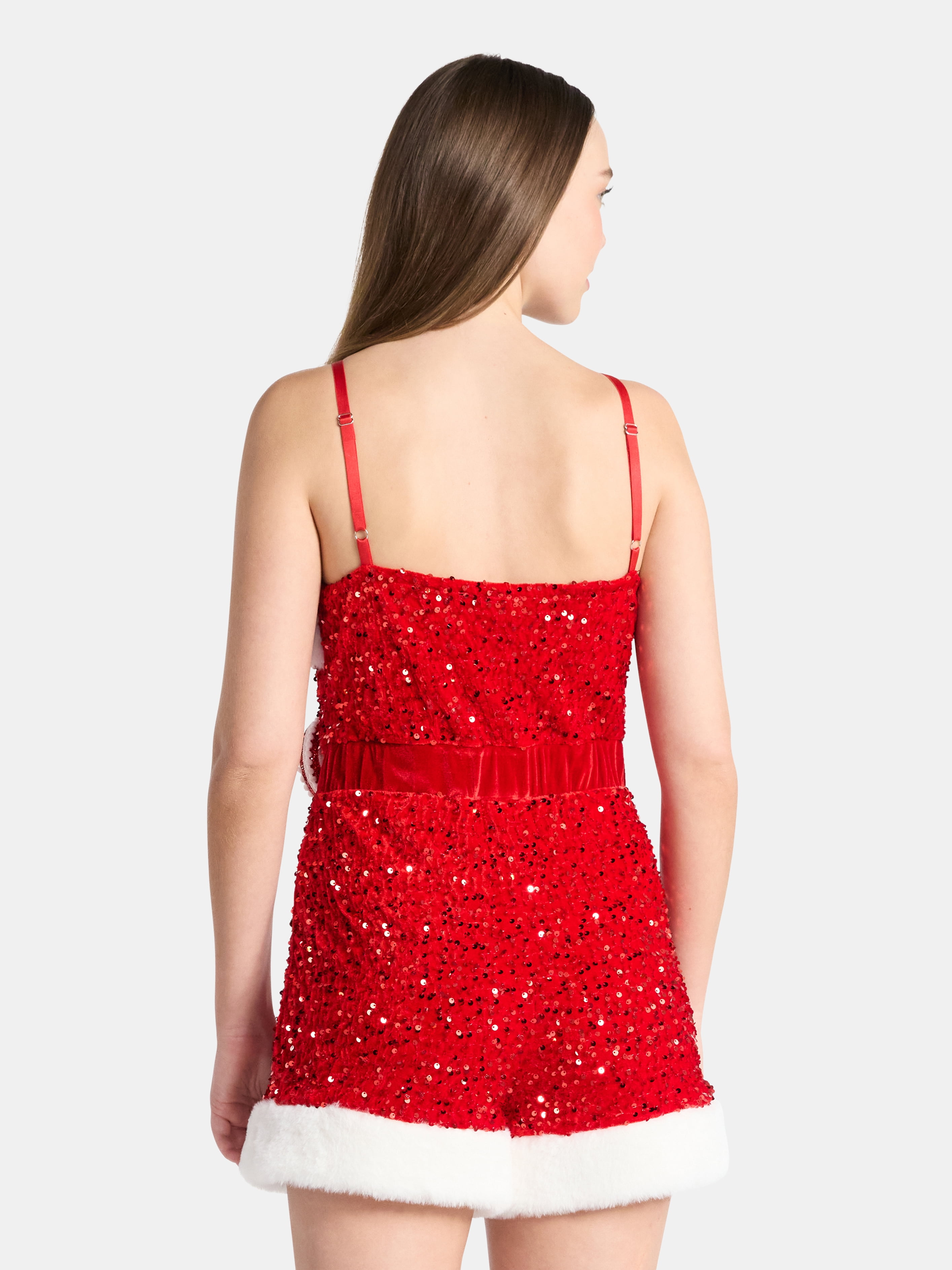 No Boundaries Christmas Santa Romper with Faux Fur Trim, Women’s
