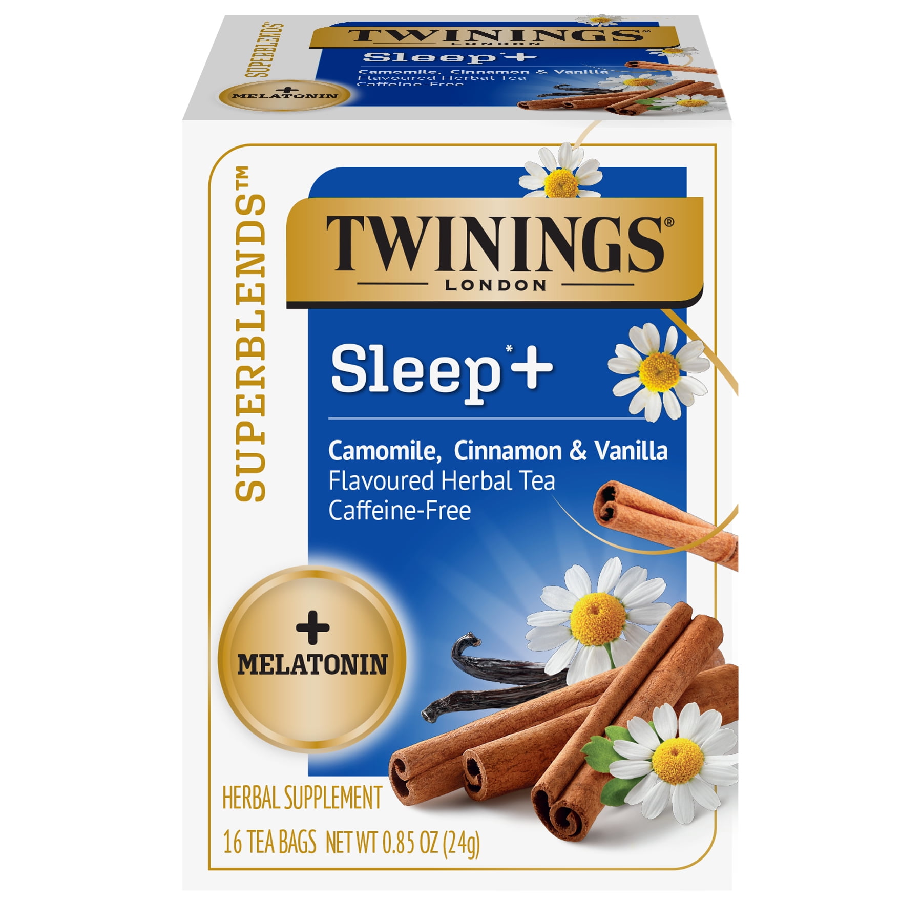 Twinings Superblends Sleep+, Camomile, Cinnamon & Vanilla Flavoured Herbal Tea + Melatonin, 16 Tea Bags