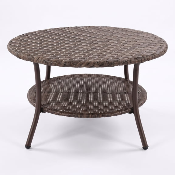 Krikacy Outdoor Wicker Round Coffee Table, All-Weather 2-Tier Patio Side Table w/Storage, Brown