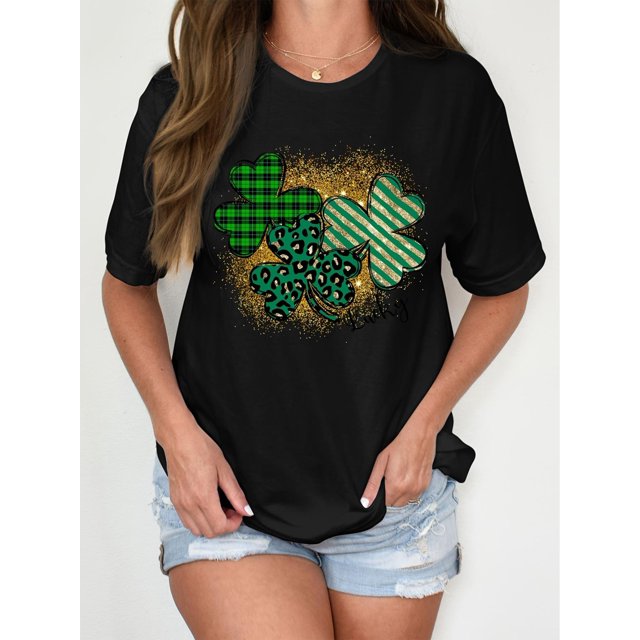 Women'S T-shirt, "Green Shamrock St. Paddy'S Day" Print, Retro-minimalist Style, Crew Neck, Casual And Comfortable, Athletic Short-sleeved T-shirt