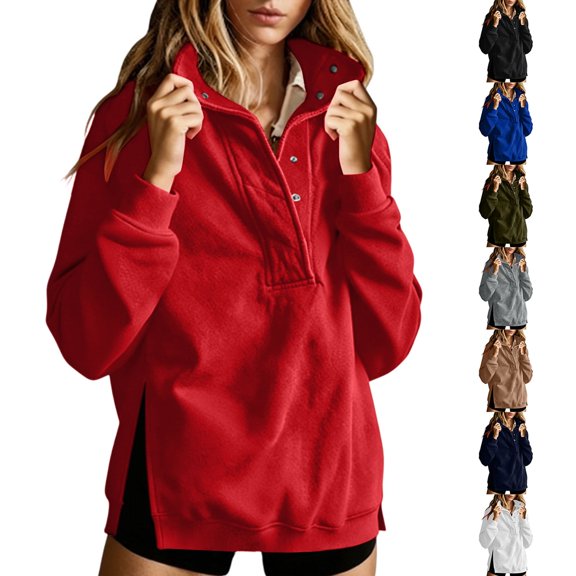 Mock Neck Sweatshirt for Women Solid Color Button Long Sleeve Loose Relaxed Fit Casual Lightweight Ribbed Cuffs Cozy Classic Everyday Fall Winter Pullover