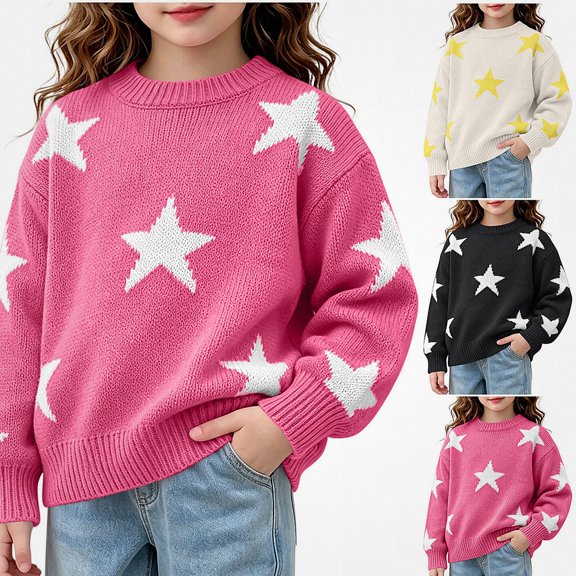 Afuyipoi Girls Star Jacquard Knit Pullover Sweater for Kids Size 6-12Y Fall Winter Soft Casual Outfit Hot Pink Size 8