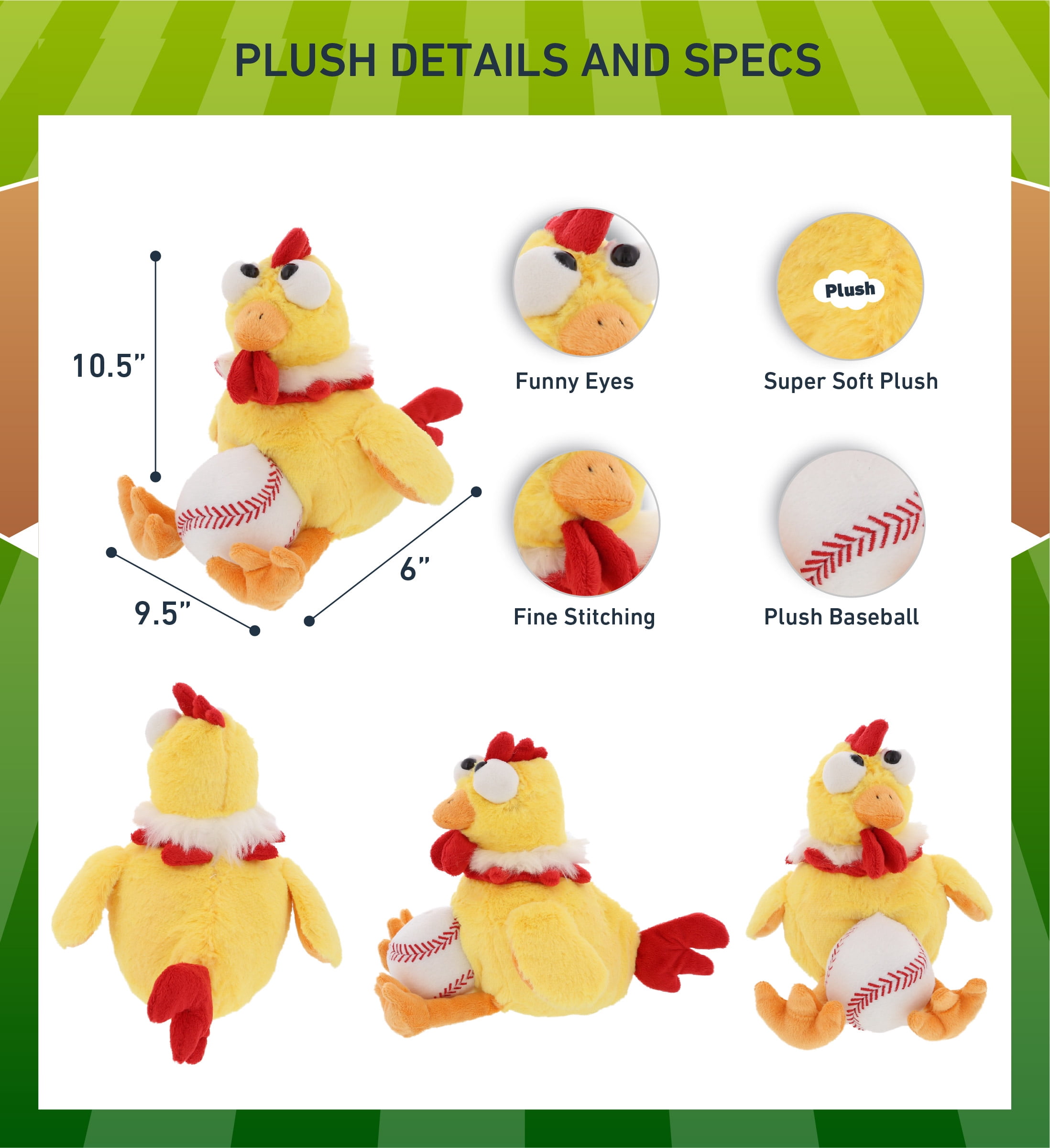 DolliBu Yellow Rooster Stuffed Animal with Baseball Plush - Soft Huggable Rooster, Adorable Playtime Plush Toy, Cute Farm Animal Gift, Baseball Plush Animal Toy for Kids, Adults - 10.5 Inch