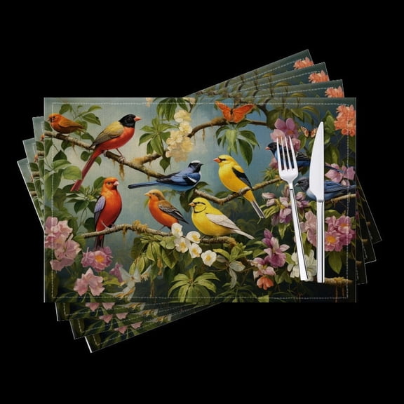 BaHomeck placemats Set of 4 Group Of Colorful Birds Perched On Branches Cotton Linen rectangle Placemats for Kitchen Dining Table Indoor,Outdoor,18*12inch
