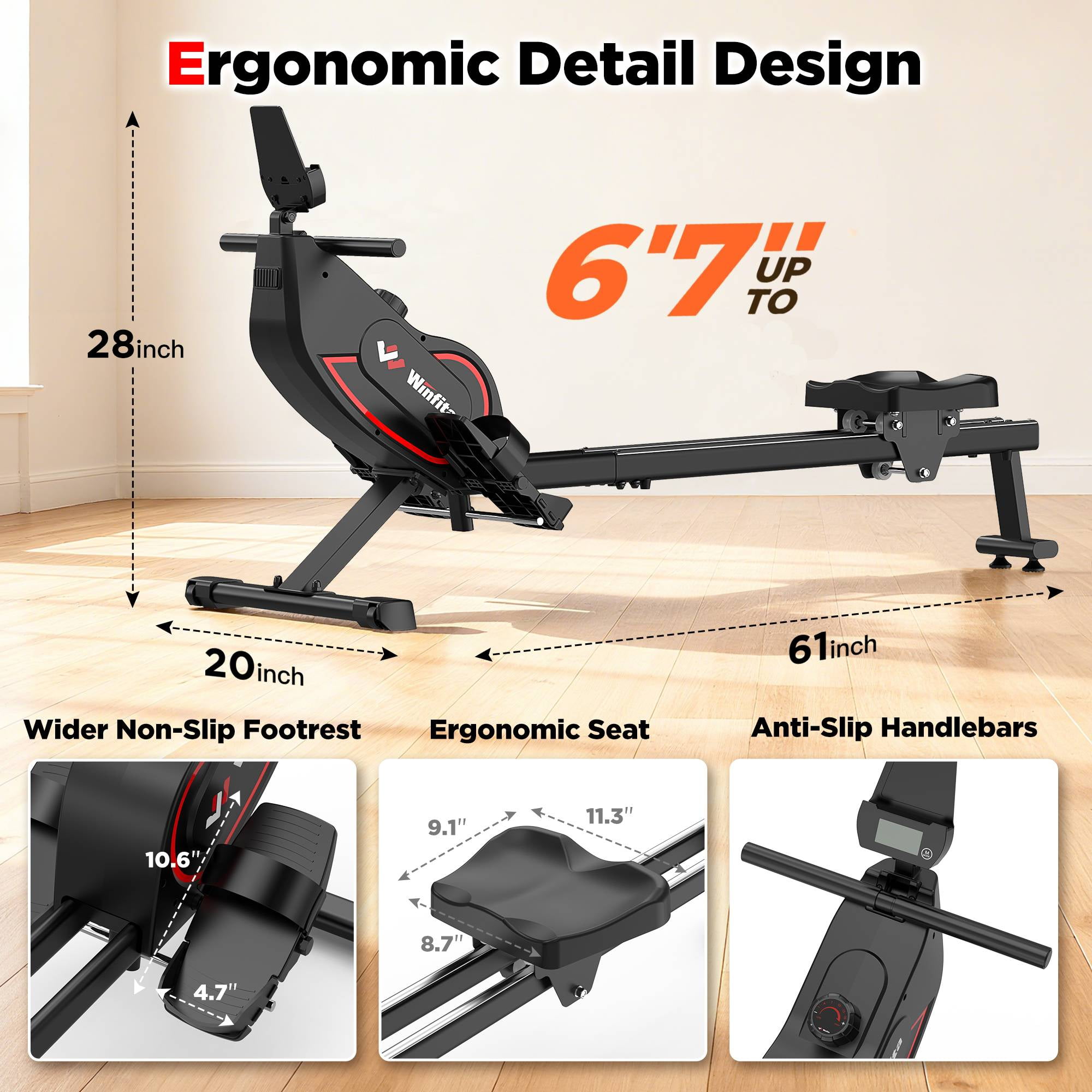 Winfita Rowing Machine for Home, Professional Magnetic Rower Machine Quiet Resistance Dual Slide Rail with Max 350lb Weight Capacity 90% Pre-assembled, Full-Body, Low-Impact Workouts