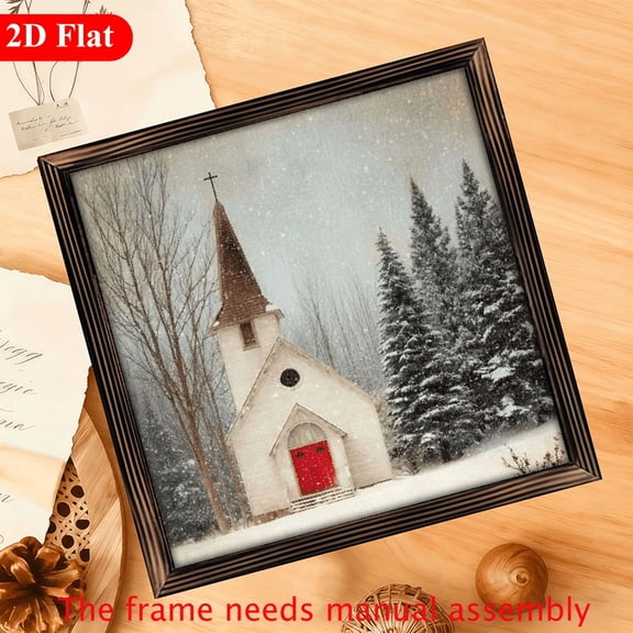 2D Flat, 1pc, Winter Church with Snowflakes And Red Door Wooden Framed Sign Christmas Sign Winter Wonderland Wall Art Vintage Wall Decor for Christmas, Home, Cabin, Decorative Signs Plaques 12x12