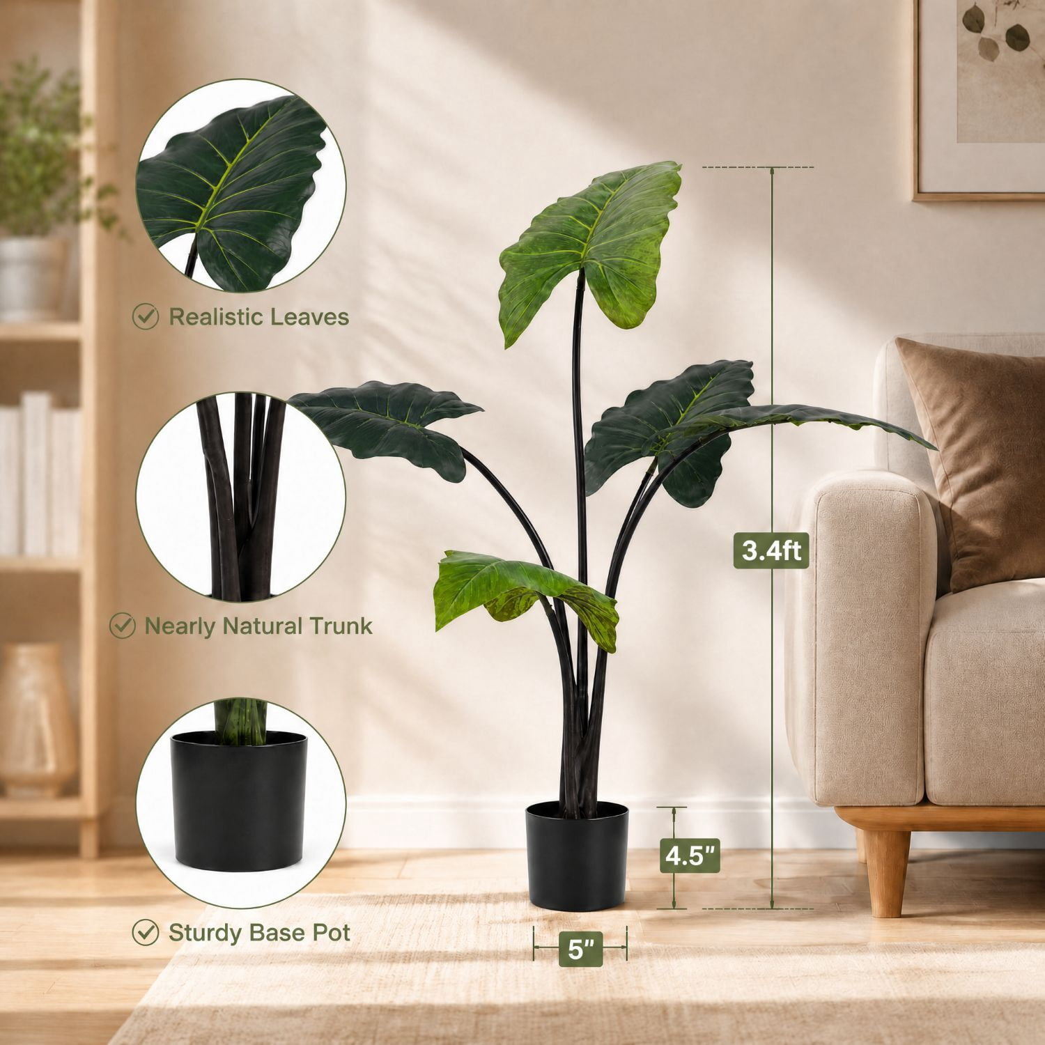 Easy4Home 3.4FT Artificial Plant Fake Caladium Plant Potted Indoor Faux Floor Plant for Home Office Decor, Green