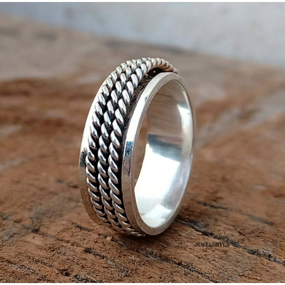 SS DESIGNS 925 Sterling Silver Spinner Ring β Handmade Dainty Meditation Ring for Women, Anxiety Relief Statement Band, Christmas Gift Jewelry