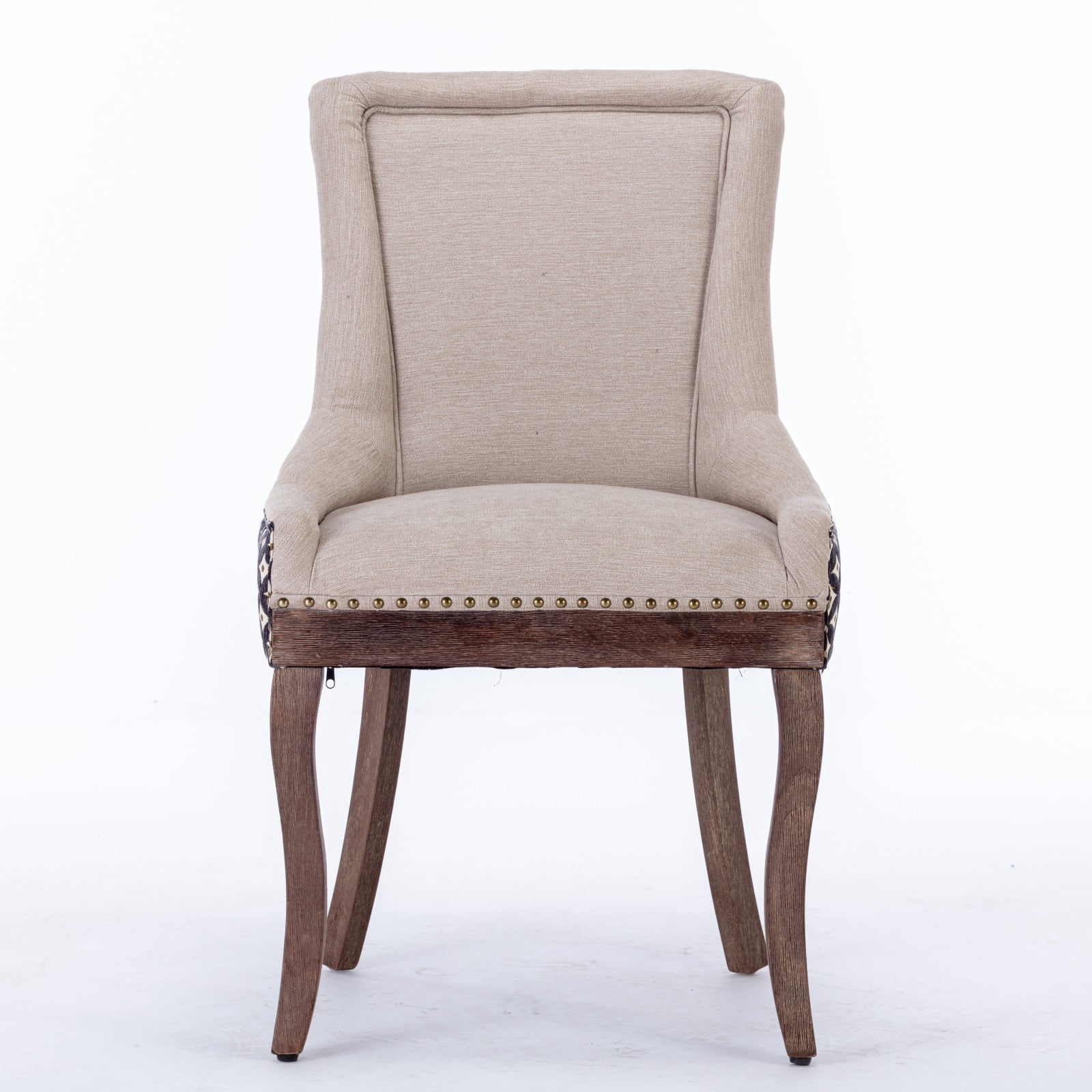 BSHTI Furniture Ultra Side Dining Chair Set of 2, Beige Patterned Fabric Chairs with Solid Wood Legs & Bronze Nail Head Trim, Unique Accent Seating