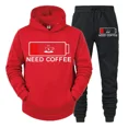 thumbnail image 3 of Conjunto de 2 piezas de sudadera y pantalón divertidos para hombre con estampado "Need Coffee" de manga larga con capucha y patrón de batería baja, ropa deportiva, 3 of 5