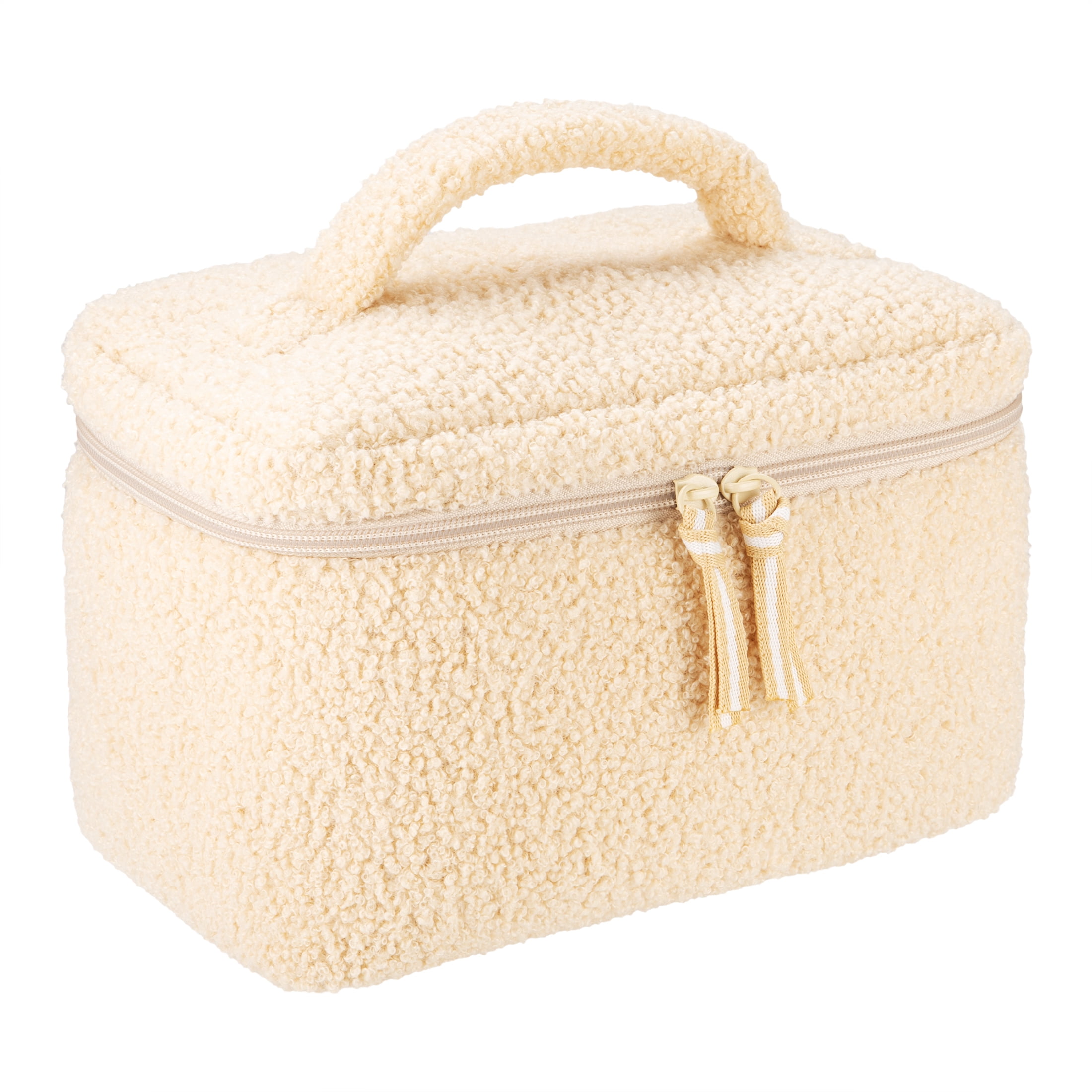 Fleece Cosmetic Bag with Zipper, Cream, 10" x 8.8"