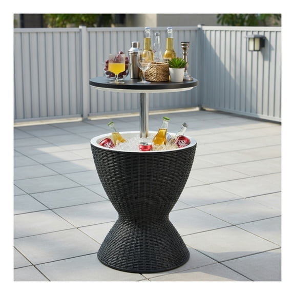 Topcobe 3 in 1 8 Gallon Patio Rattan Cooler Bar Table with Adjust Ice Bucket, Modern Patio Furniture-Black