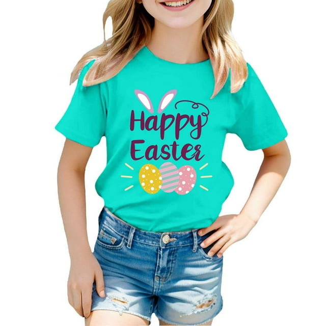 MIASHUI T-Shirt Graphique de Pâques à Manches Courtes pour Garçons, Confortable et Décontracté, Imprimé pour Filles, Vert Menthe, 4-5 Ans