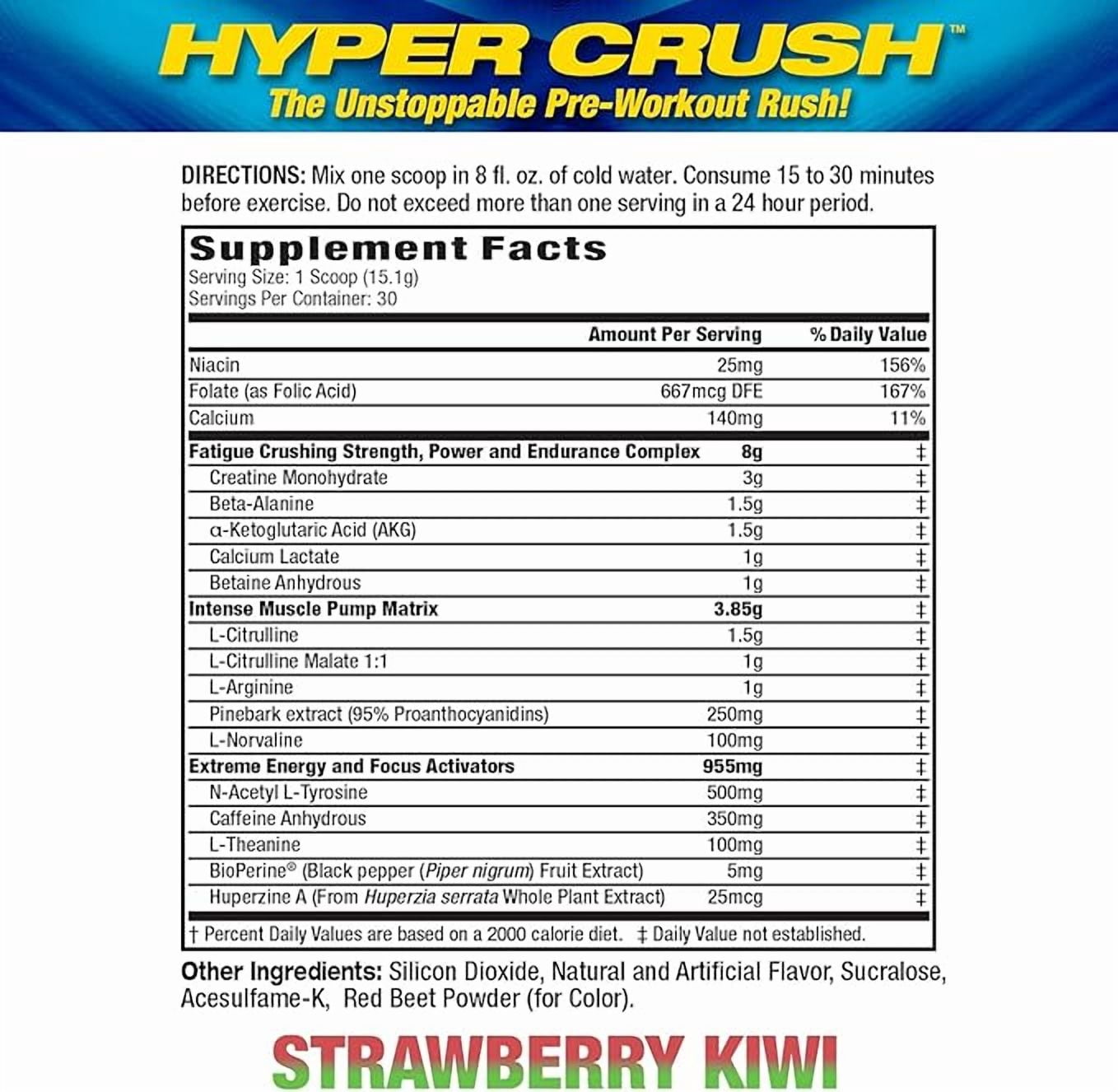 MHP Hyper Crush Pre-Workout Powder – Energy, Pumps & Fatigue Support – 3 g Creatine, Citrulline, 350 mg Caffeine – Strawberry Kiwi, 30 Servings