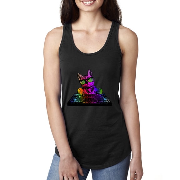Neon Retro Rainbow DJ MC Hip Hop Cat | Womens Cat Lover Jersey Racerback Tank Top, Black, Small