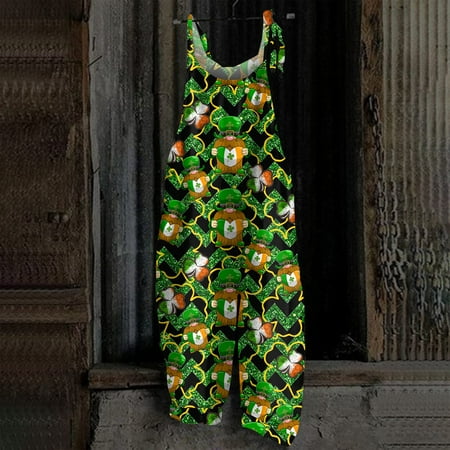 KYGABAK Women s St. Patrick s Day Cotton Sleeveless Jumpsuit - Shamrock  Print Comfortable One-Piece for Holiday Celebrations Ideal for Lounging Parties or Parades Black 2XL