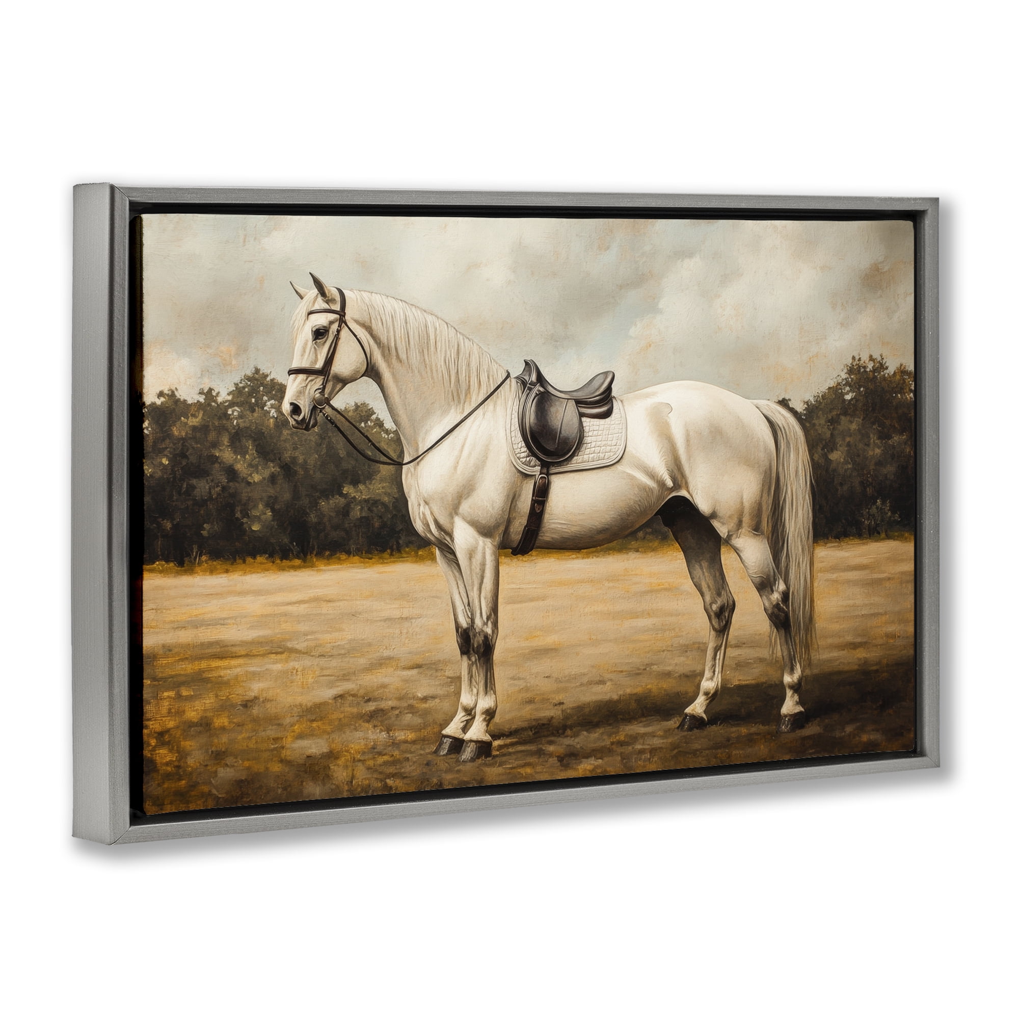 Stupell Industries White Mare with Saddle Gray Framed Floater Canvas Wall Art, design by Petal Prints Design