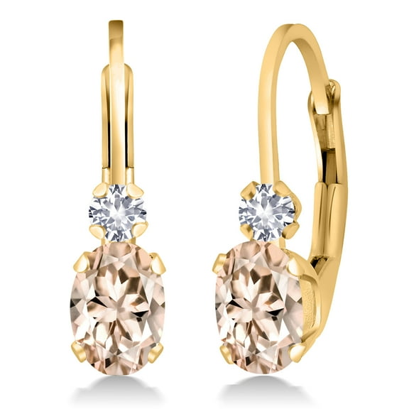 Gem Stone King 18K Yellow Gold Plated Silver Peach Morganite and White Created Sapphire Leverback Earrings for Women (1.08 Cttw, Gemstone October Birthstone, Oval 6X4MM, Round 2MM, 3/4 inch)