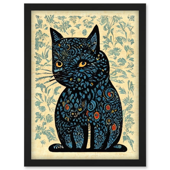 William Morris Floral Blue Cat Illustration Artwork Framed Wall Art Print A4