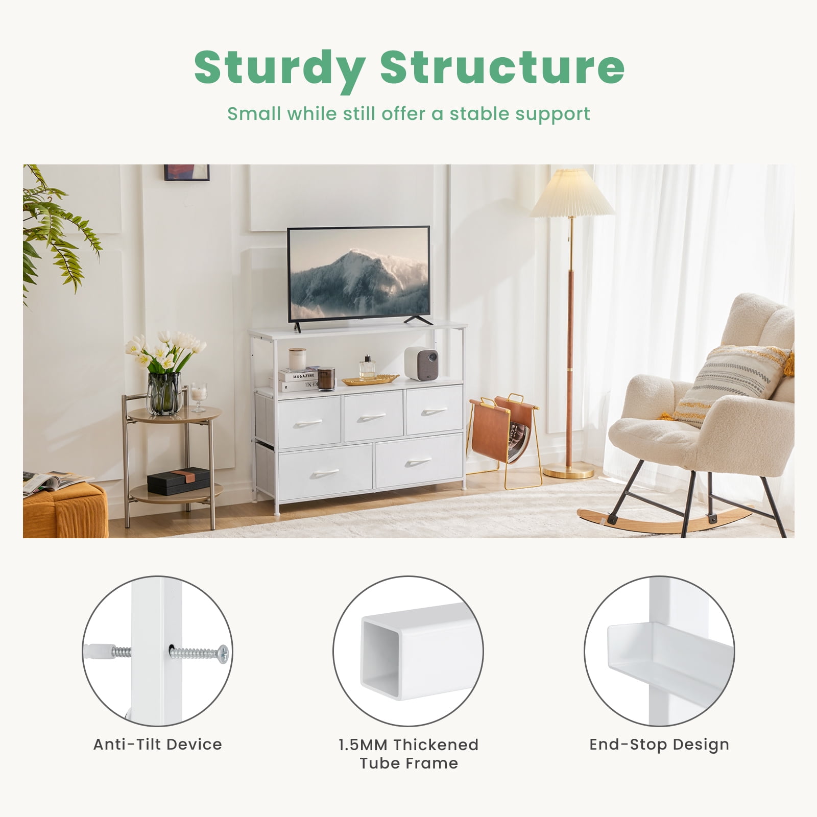 MAYEERTY TV Stand with Fabric Storage, Tower Storage Cabinet Dresser & Chest of 5 Drawers Organizer, White