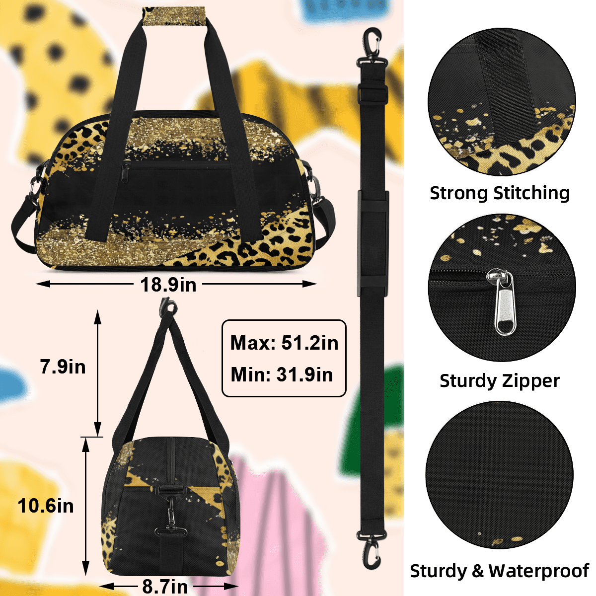 Herdesigns Leopard Cheetah Sports Duffle Bag for Women & Men, Gym Bag Dance Bag Overnight Bag Carry On Weekender Travel Bag