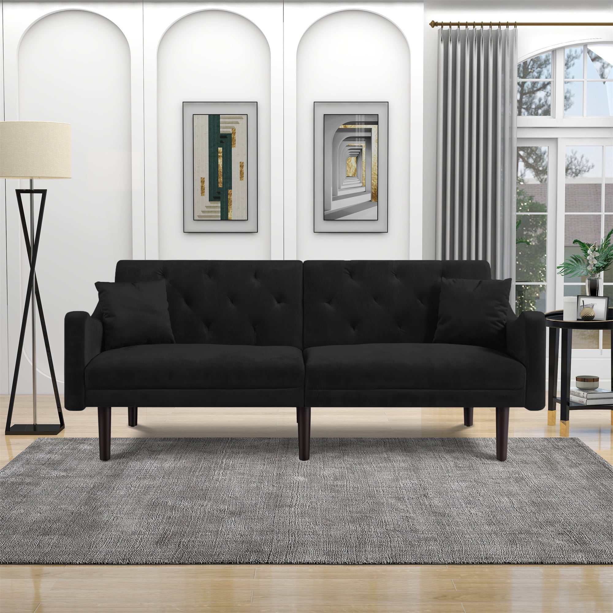 Kepooman Modern Velvet Convertible Sofa Bed for Living Room Bedroom, Button Tufted Curved Arms Futon Couch for Compact Living Space, Adjustable Lounge Sofa Bed Sleeper for Home Apartment, Black Kepooman Modern Velvet Convertible Sofa Bed for Living Room Bedroom, Button Tufted Curved Arms Futon Couch for Compact Living Space, Adjustable Lounge Sofa Bed Sleeper for Home Apartment, Black