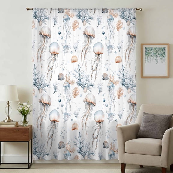 White Jellyfish Coral Sheer Curtains 84 Inches Long, Summer Ocean Coastal Conch Shell Light Filering Curtains, Breathable Simi Curtain Privacy Drapes for Living Room Bedroom Window Treatment