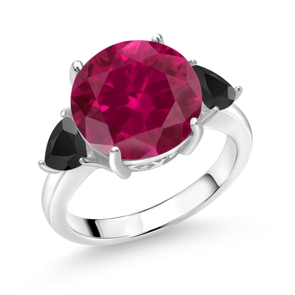 Gem Stone King 925 Sterling Silver Red Created Ruby and Black Onyx 3-Stone Ring for Women (7.72 Cttw, Round 12MM, Trillion 5MM, Size 9)