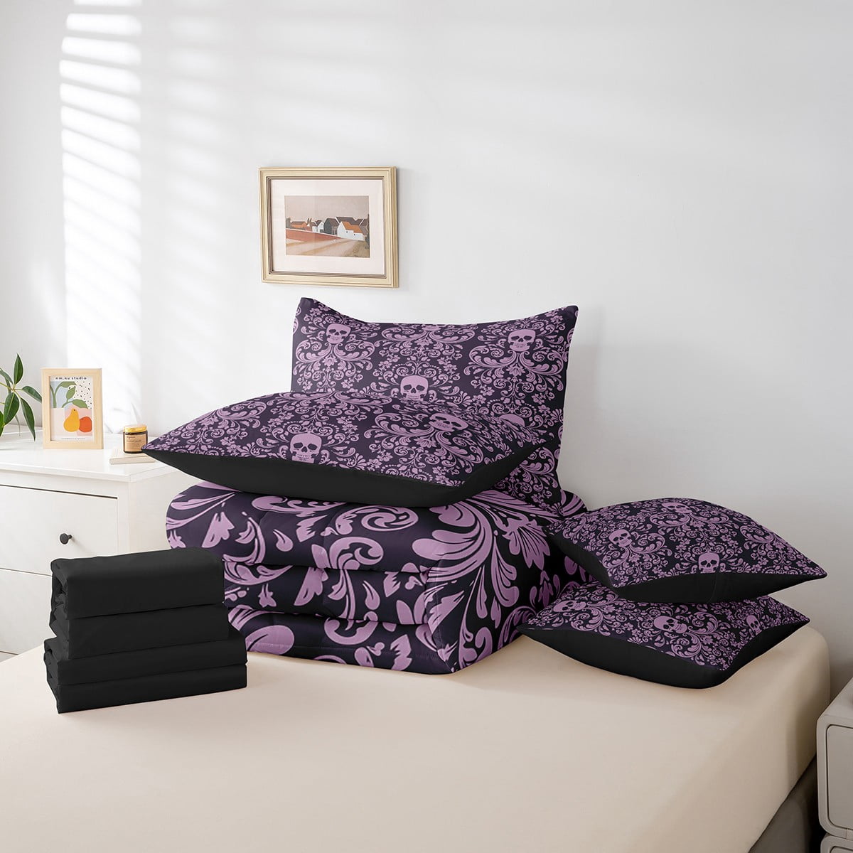 Damask Gothic Bedding Set Adults Antique Victorian Bed in a Bag Queen Comforter Set 7 Piece,Purple Sugar Skull Sheet Set Vintage Baroque Floral Goth Bed Set,Bone Skeleton Bohemian Decor