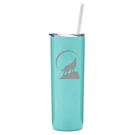 

20 oz Skinny Tall Tumbler Stainless Steel Vacuum Insulated Travel Mug Cup With Straw Gift Wolf Howling At Moon (Light Blue)