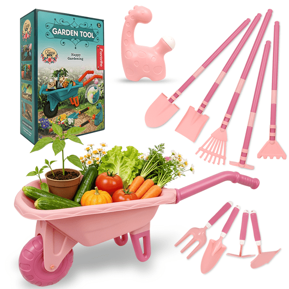 11pcs Kids Gardening Set with Wheelbarrow, Real Metal Garden Tools for Kids Ages 3-8, 5 Long Handle Tools, 4 Hand Tool, 1 spray bottle, Indoor & Outdoor Backyard Toys for Toddler Gift