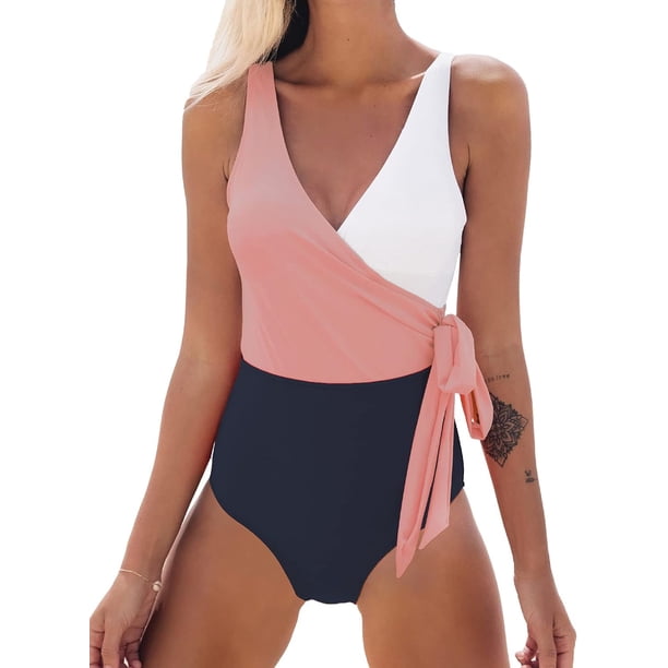 Traje de baño de una pieza para mujer, cruzado, con bloques de color y lazo lateral