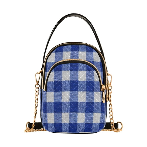 Leather Handbag Crossbody Bag Deep Blue Checkered
