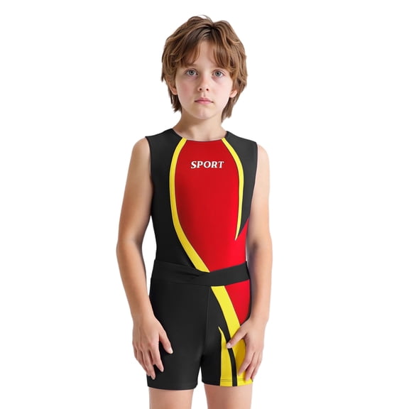 Mufeng Kids Boys Athletic Leotard With Shorts Sleeveless Gymnastics Dance Unitard For Competition Training Red Yellow 14