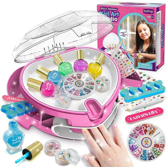 BATTOP Kids DIY Nail Kit Toys- Kids Nail Polish Set for Girls, Nail Art Kit for Kids with All-in-One Organizer Nail Dryer, Polish, Stickers, Gems, Filer - Ideas Gift for Girls 6-12 - Dress-Up Toy