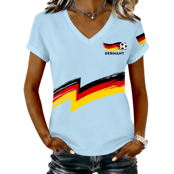 Women's Germany Football Graphic T-Shirt, V-Neck Casual Letter Print T-Shirt, Fashion Short Sleeve Graphic Tee, Summer Daily Lightweight Tops for Soccer Tournament 2026 Light Blue Size: 2XL