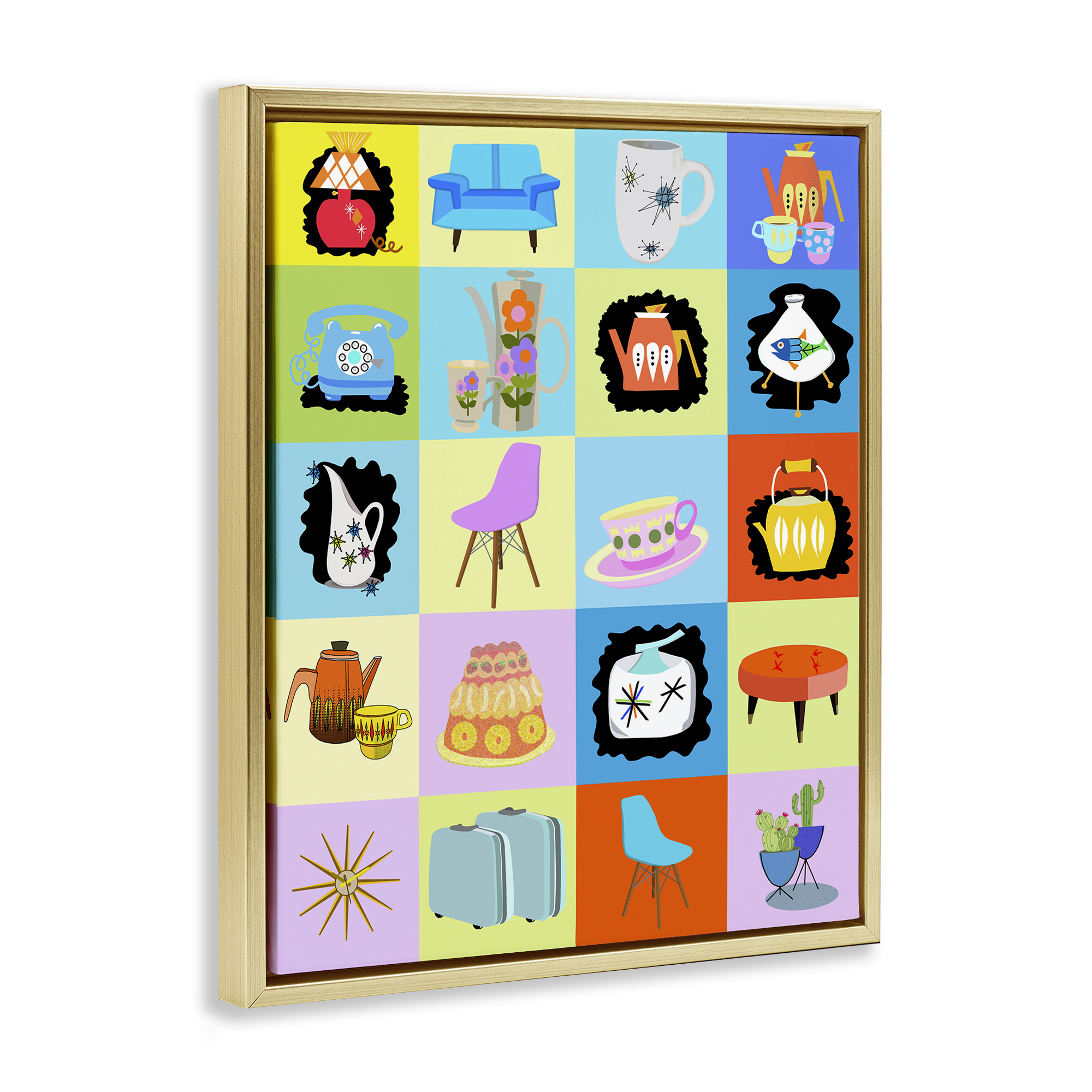 Retro Vintage Vignettes Gold Framed Floater Canvas Wall Art, design by Lynnda Rakos