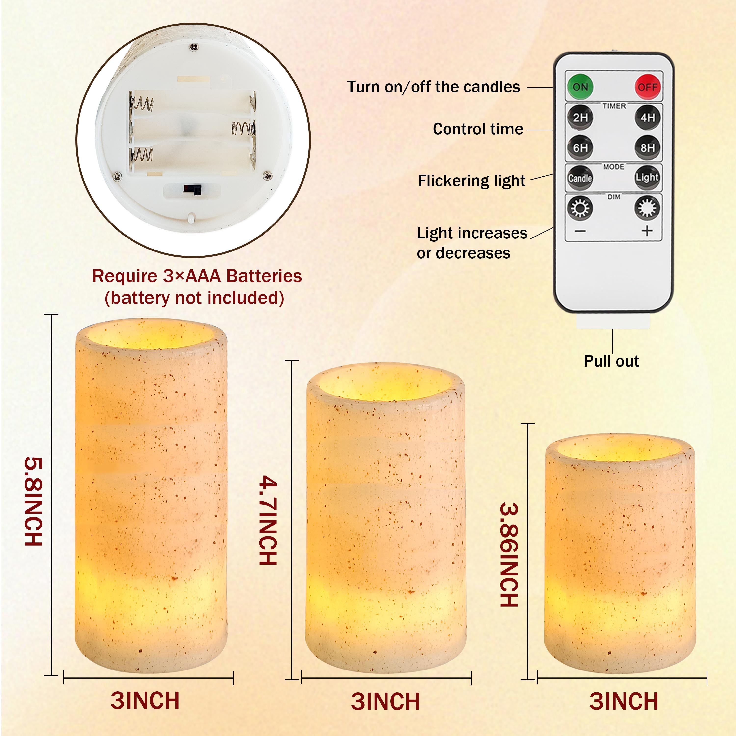 FCMSHAMD Flickering Flameless Candles with Remote Timer, 4" 5" 6" Realistic 3D Flame Retro countryside Pillar LED Candles,Battery Operated Candles for Wedding Home Decoration, Christmas,3 Pack