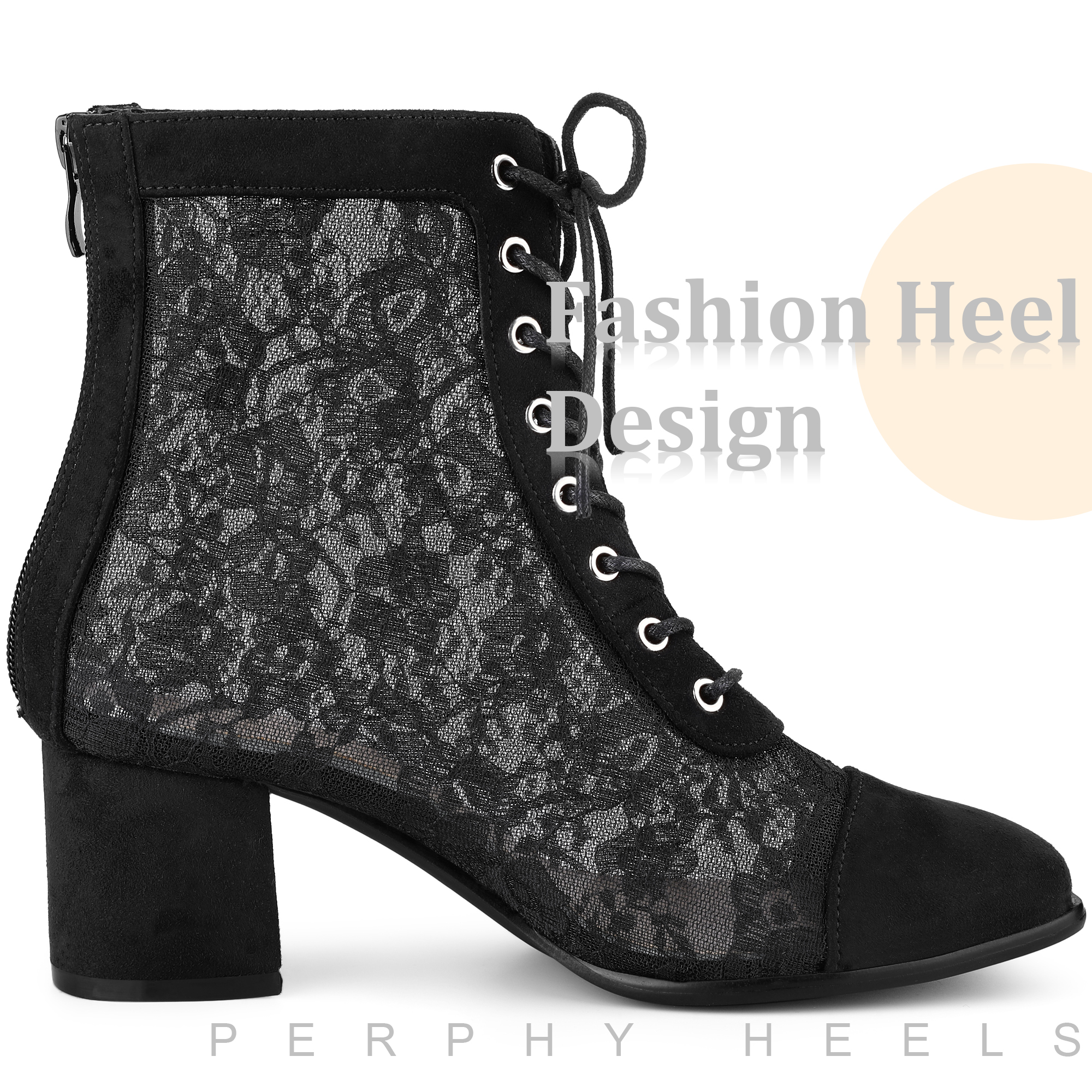 DARING DIVA Square Toe Flowers Lace Block Heels Ankle Boots Black 8