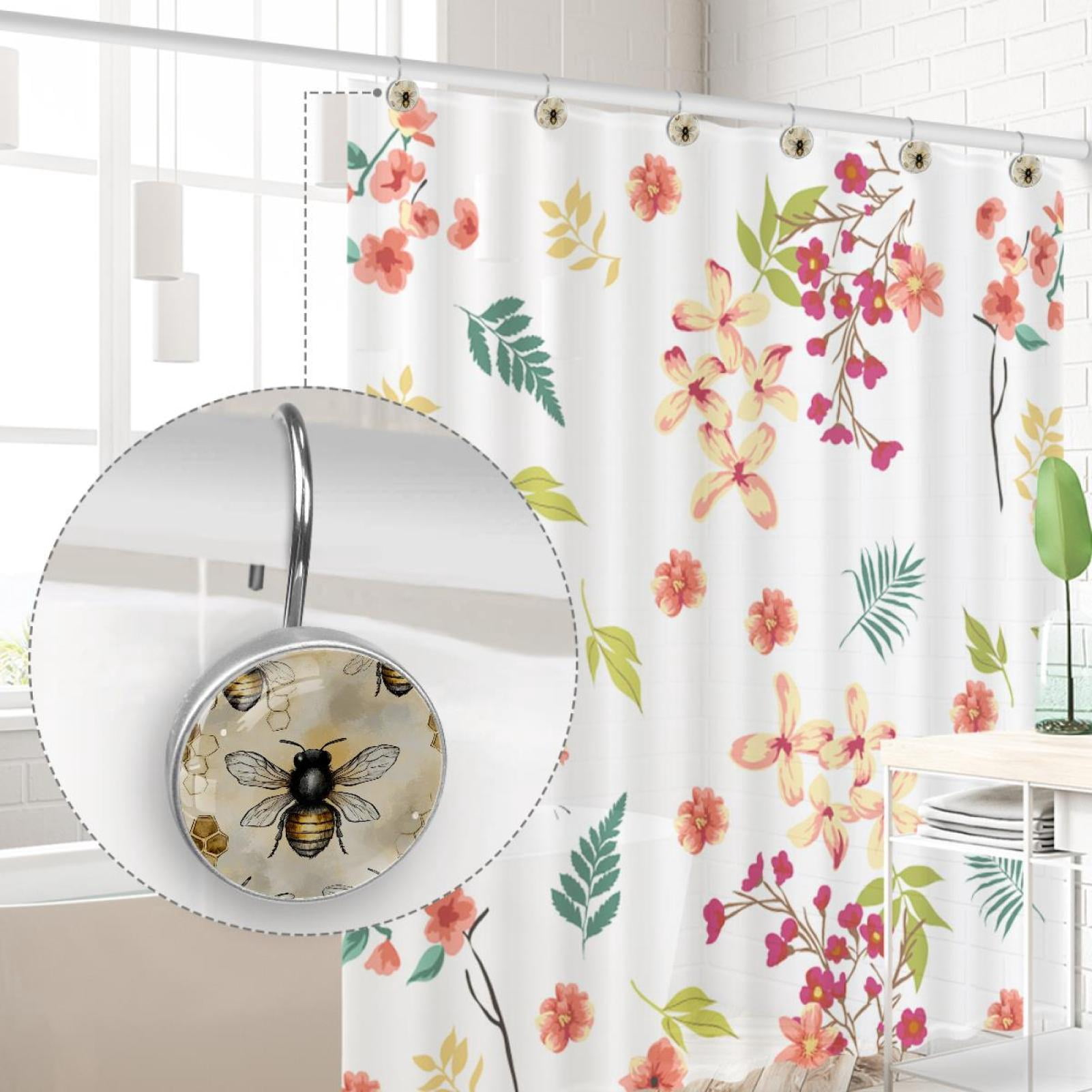 Honey Bees and Hives Shower Curtain Hooks Round Crystal Glass, Set of 12 Shower Curtain Rings - Shower Hooks for Curtain Shower Rings