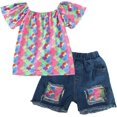 thumbnail image 1 of Fish scale print short-sleeved top + ripped denim shorts 2-piece set, 1 of 5