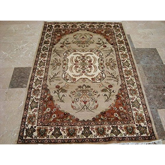 Ahmedani Linen Awesome Ivory Medallion Flowers Rectangle Home Decor Area Rug Hand Knotted Wool Silk Indoor Carpet (6 x 4)'