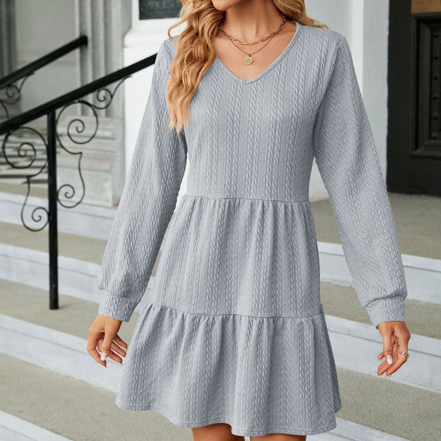 Fankiway Liquidation Robes à Manches Longues pour Femmes Nouvelle Robe Ample à Manches Longues Col en V Jupe Ligne A Robes pour Femmes Grande Taille Liquidation