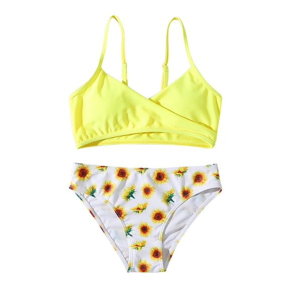 Ticikt Girl Tankini Set, Ribbed High Cut Surplice Swimsuit Bathing Suit with Spaghetti Straps,Color:Yellow,Size:5-6 Years