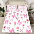 thumbnail image 2 of Feelyou Kawaii Cartoon Bow Twin Sheet Sets for Girl, Cute Princess Ribbon Twin Fitted Sheet, Pink Love Heart Flat Sheet, Microfiber Bedroom Decor, 3-Piece, 2 of 7