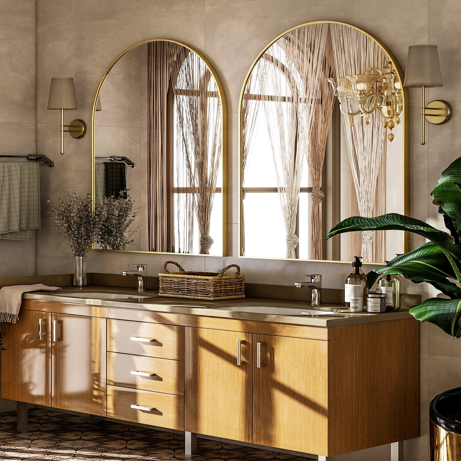 Easy4Home 38"x26"Arched Bathroom Mirror Decor Vanity Mirror Wall Mounted,Gold